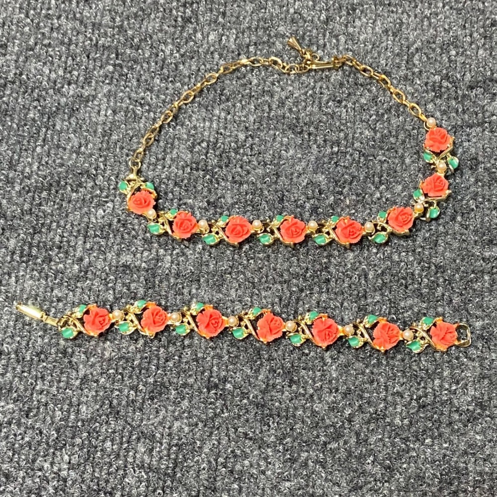 Vintage Rose Choker Necklace Bracelet Set Gold Tone Coral Green Pearl Beads